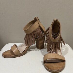 Leather Fringe Tan Block Heel Sandals